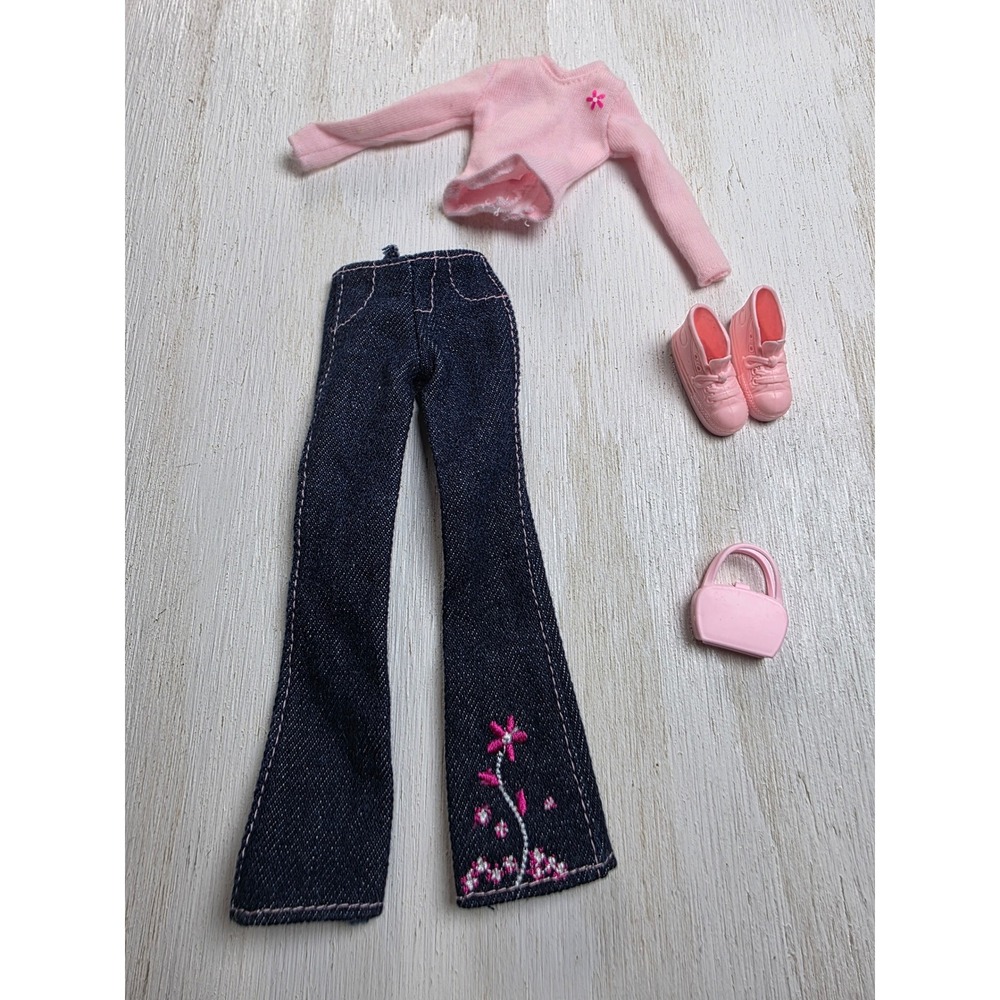 Vintage Barbie Doll Outfit Y2K Flare Jeans Pink Top Shoes Bag Floral Embroidery
